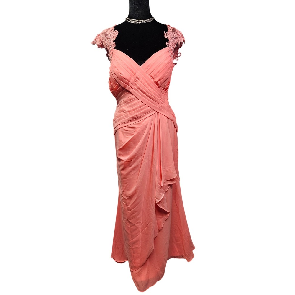 Coral Pink Lace Cap Sleeve Pleated Draped Evening Gown Formal Dress Size 16